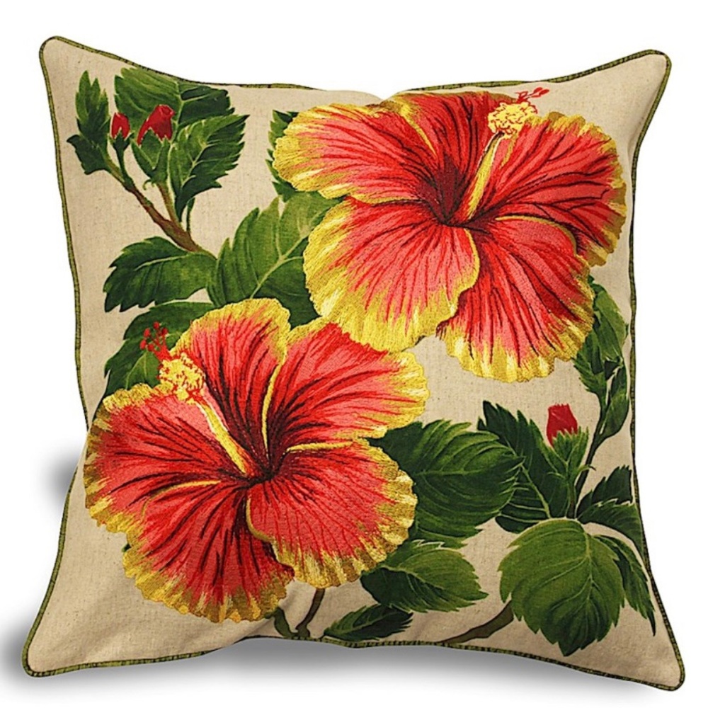 WELCOME TO THE ISLANDS Embroidered Hibiscus Floral Pillow Sham Red Green 18”X18”
